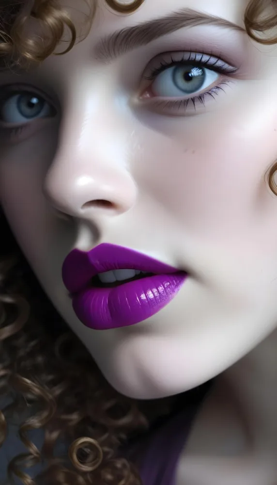 A Close Up Of A White Woman Age 25 With Curly Hair Wearing Purple Lipstick In A Grey Background 32 57c1