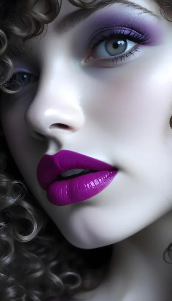 A Close Up Of A White Woman Age 25 With Curly Hair Wearing Purple Lipstick In A Grey Background 33 85f6
