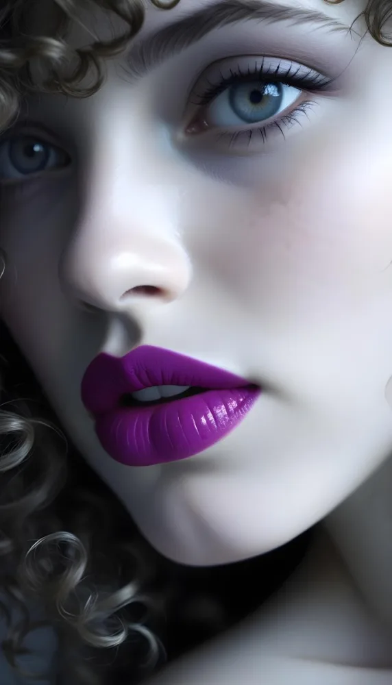 A Close Up Of A White Woman Age 25 With Curly Hair Wearing Purple Lipstick In A Grey Background 34 3f69