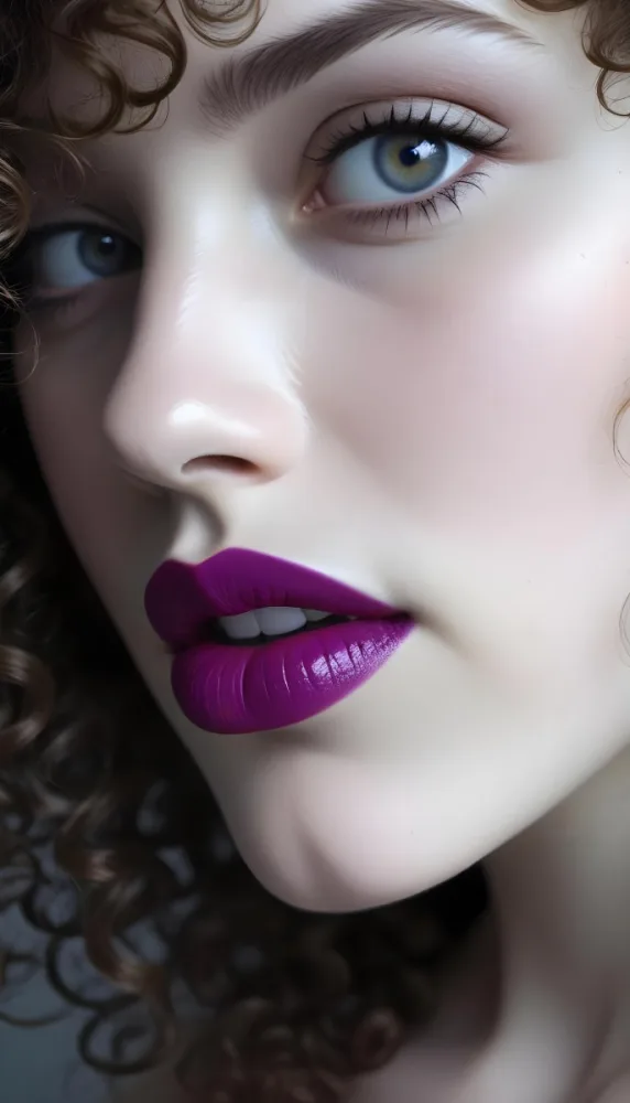 A Close Up Of A White Woman Age 25 With Curly Hair Wearing Purple Lipstick In A Grey Background 35 4f81