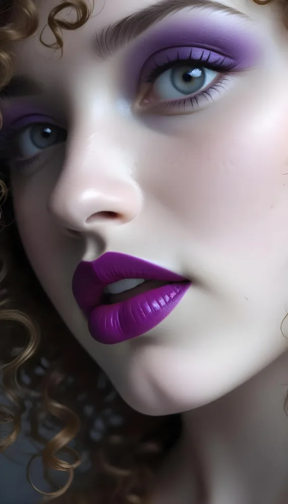 A Close Up Of A White Woman Age 25 With Curly Hair Wearing Purple Lipstick In A Grey Background 37 84fe