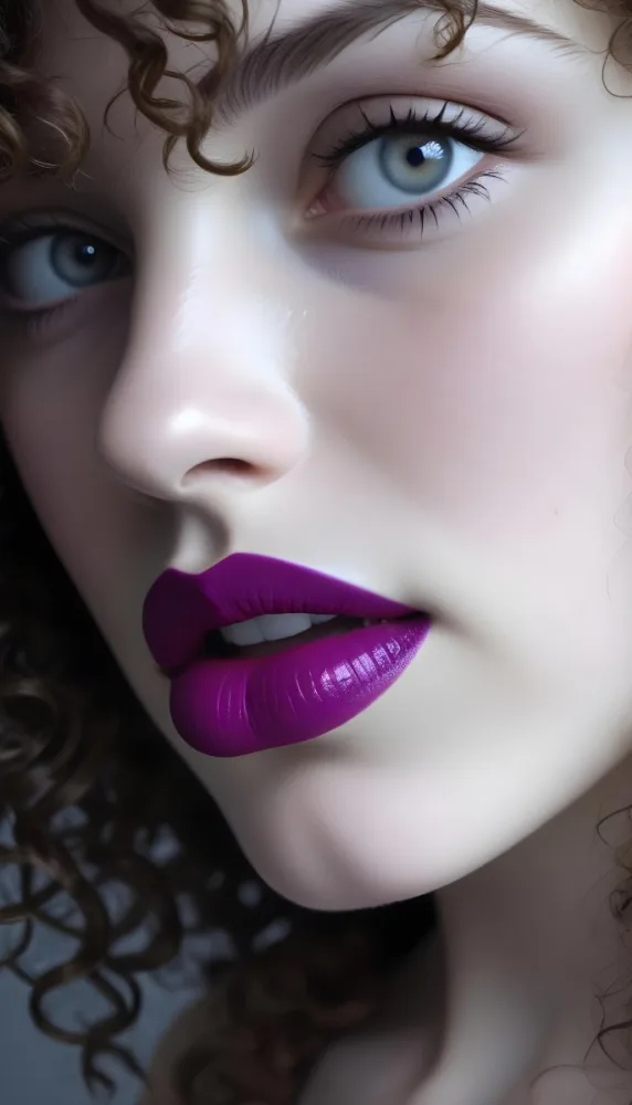 A Close Up Of A White Woman Age 25 With Curly Hair Wearing Purple Lipstick In A Grey Background 39 Ddee