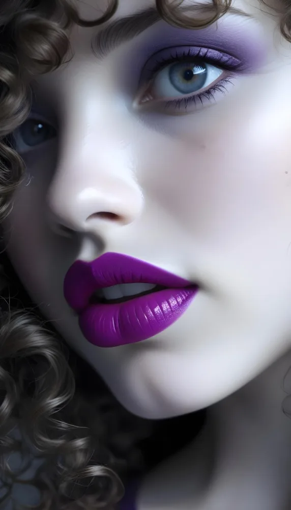 A Close Up Of A White Woman Age 25 With Curly Hair Wearing Purple Lipstick In A Grey Background 6 9216