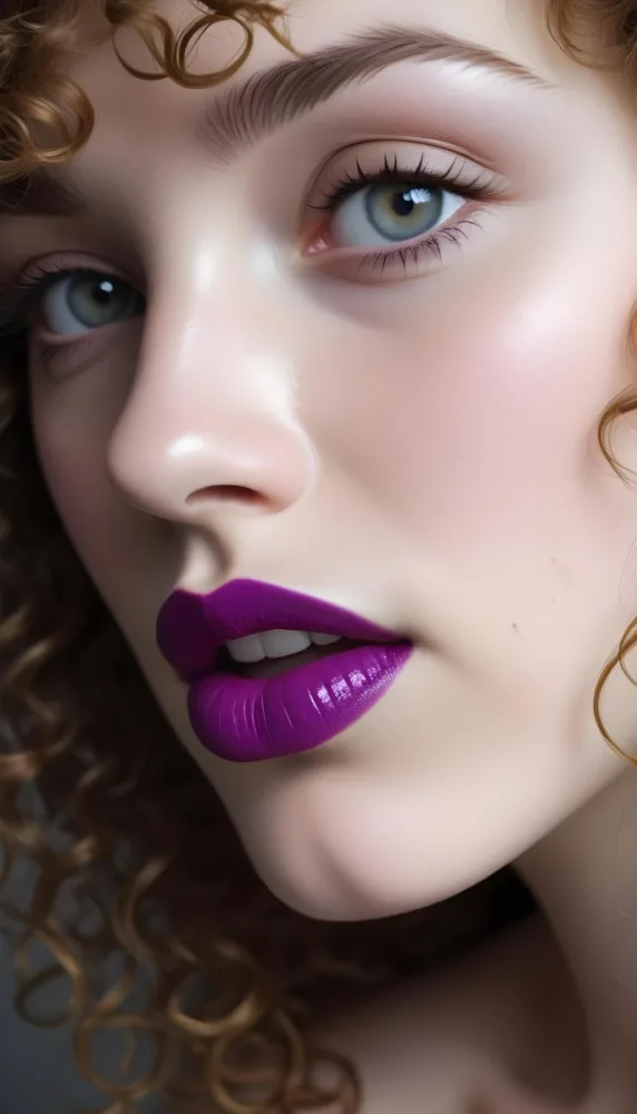A Close Up Of A White Woman Age 25 With Curly Hair Wearing Purple Lipstick In A Grey Background 7 F93b