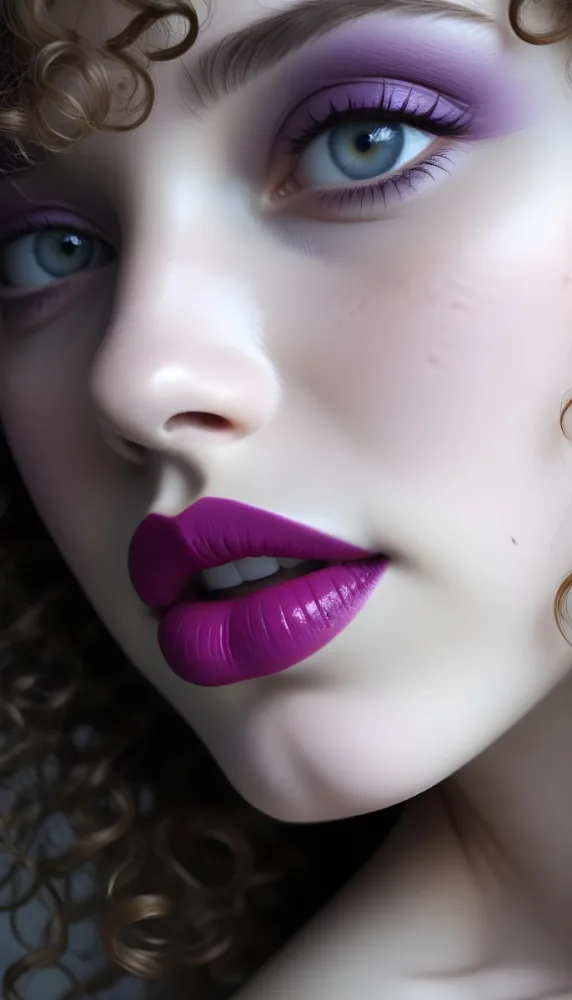 A Close Up Of A White Woman Age 25 With Curly Hair Wearing Purple Lipstick In A Grey Background 8 1ede