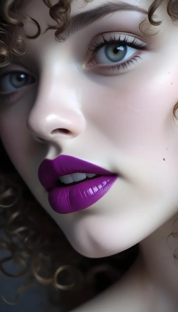 A Close Up Of A White Woman Age 25 With Curly Hair Wearing Purple Lipstick In A Grey Background 9 1a63