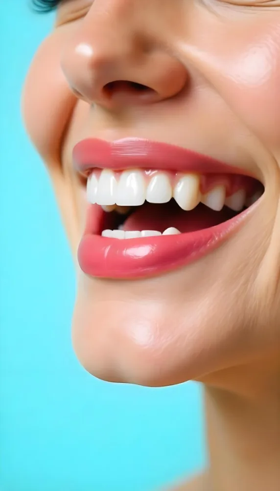 A Close Up Of A White Woman S Mouth Around 30 Years Old With Perfect White Teeth And Pink Lipstick In Front Of A Light Blue Background 11 E30f