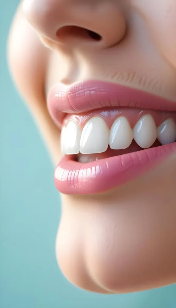 A Close Up Of A White Woman S Mouth Around 30 Years Old With Perfect White Teeth And Pink Lipstick In Front Of A Light Blue Background 21 932c