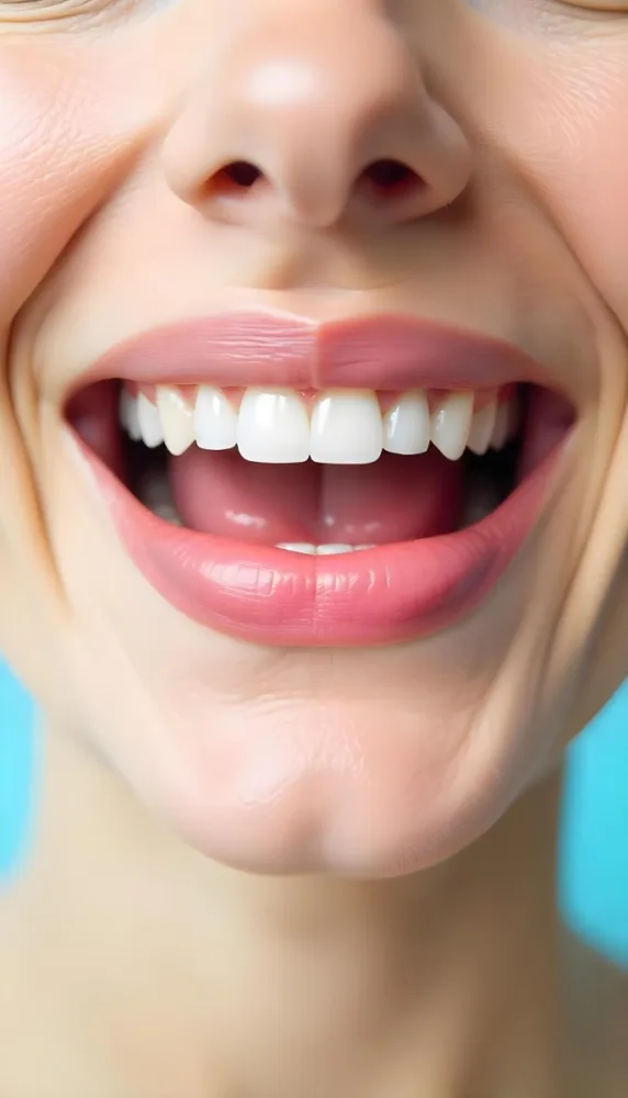 A Close Up Of A White Woman S Mouth Around 30 Years Old With Perfect White Teeth And Pink Lipstick In Front Of A Light Blue Background 25 4d01