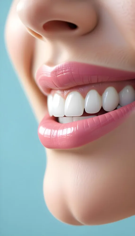 A Close Up Of A White Woman S Mouth Around 30 Years Old With Perfect White Teeth And Pink Lipstick In Front Of A Light Blue Background 28 F5f7