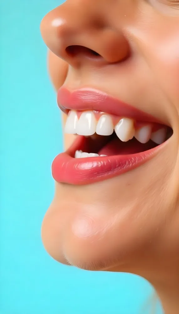 A Close Up Of A White Woman S Mouth Around 30 Years Old With Perfect White Teeth And Pink Lipstick In Front Of A Light Blue Background 36 9353