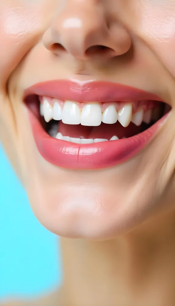A Close Up Of A White Woman S Mouth Around 30 Years Old With Perfect White Teeth And Pink Lipstick In Front Of A Light Blue Background 37 6ed5