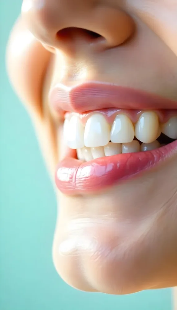A Close Up Of A White Woman S Mouth Around 30 Years Old With Perfect White Teeth And Pink Lipstick In Front Of A Light Blue Background 42 F70f
