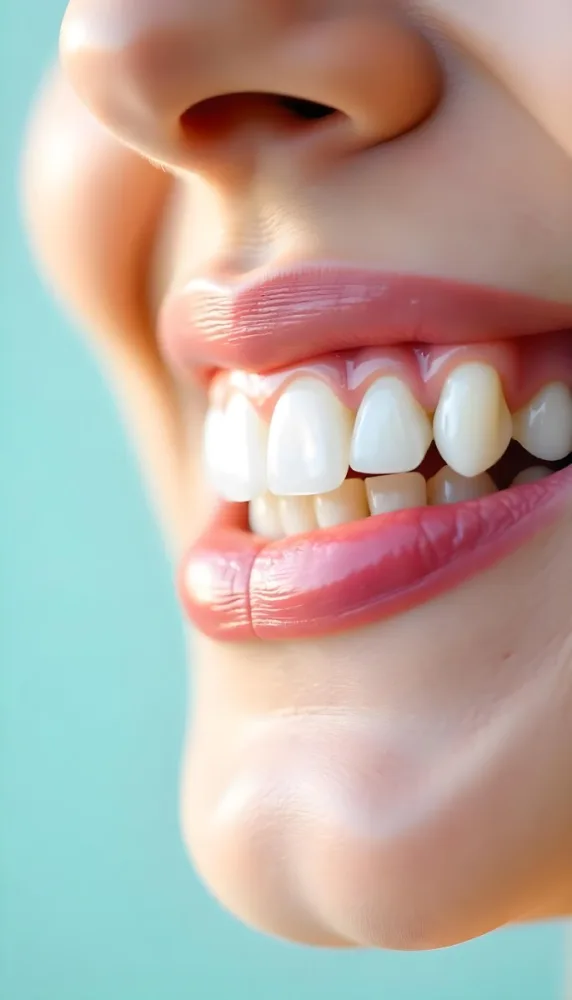 A Close Up Of A White Woman S Mouth Around 30 Years Old With Perfect White Teeth And Pink Lipstick In Front Of A Light Blue Background 43 9cb2