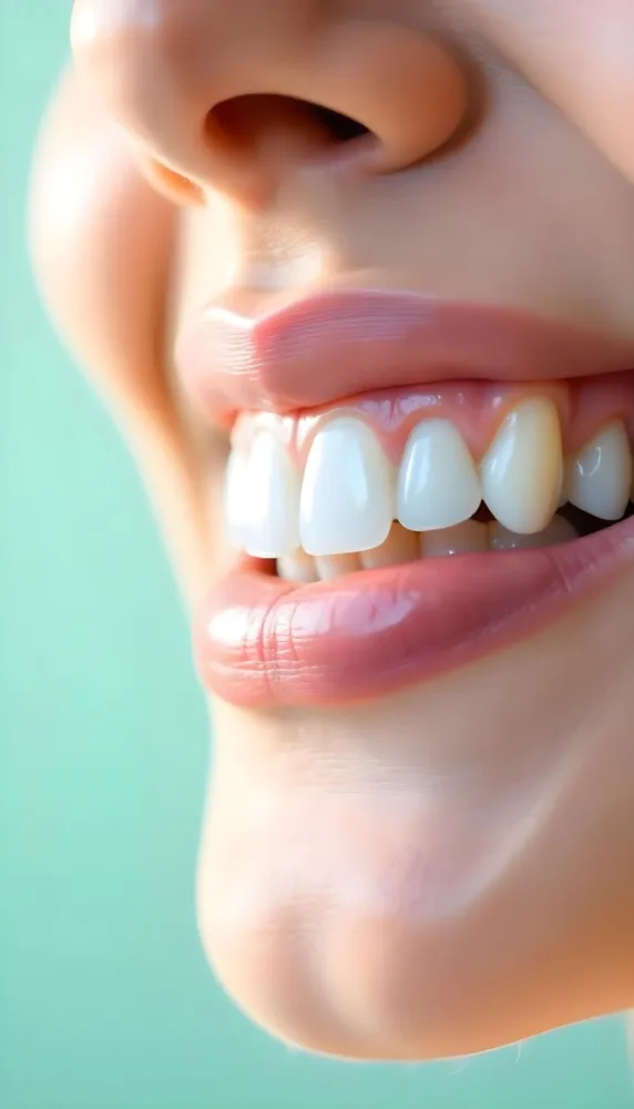 A Close Up Of A White Woman S Mouth Around 30 Years Old With Perfect White Teeth And Pink Lipstick In Front Of A Light Blue Background 45 8012
