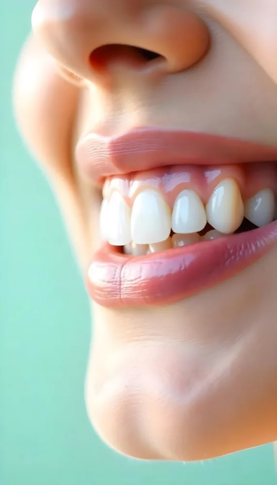 A Close Up Of A White Woman S Mouth Around 30 Years Old With Perfect White Teeth And Pink Lipstick In Front Of A Light Blue Background 48 5adc