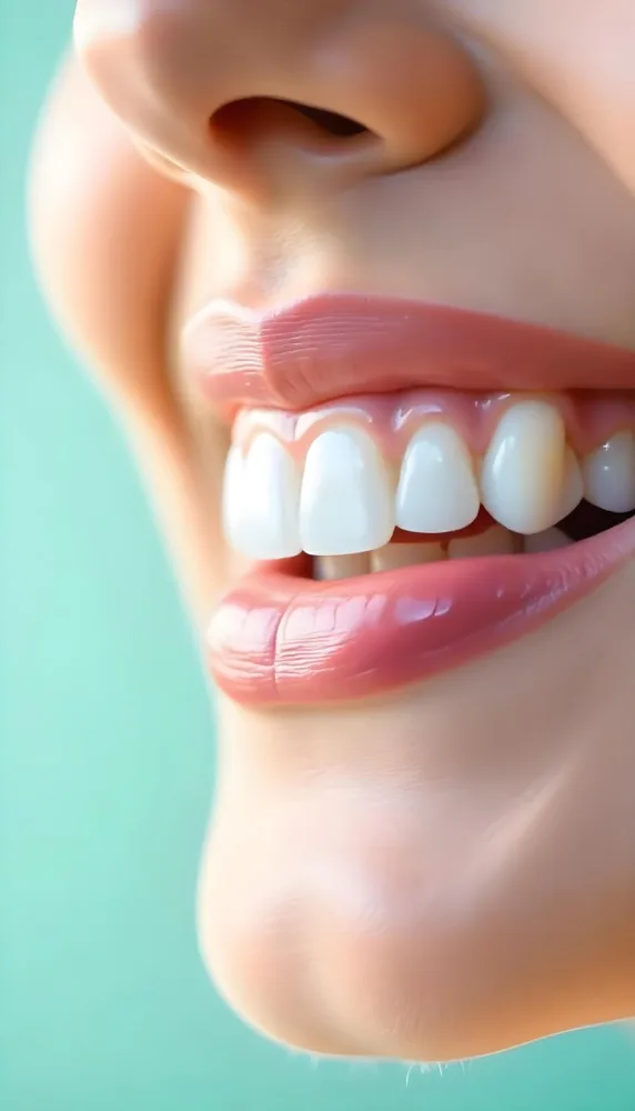 A Close Up Of A White Woman S Mouth Around 30 Years Old With Perfect White Teeth And Pink Lipstick In Front Of A Light Blue Background 52 3272