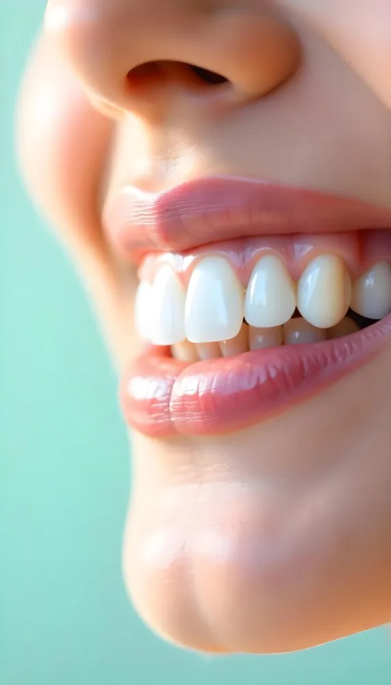 A Close Up Of A White Woman S Mouth Around 30 Years Old With Perfect White Teeth And Pink Lipstick In Front Of A Light Blue Background 53 E895