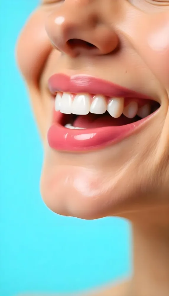 A Close Up Of A White Woman S Mouth Around 30 Years Old With Perfect White Teeth And Pink Lipstick In Front Of A Light Blue Background 55 Fe45