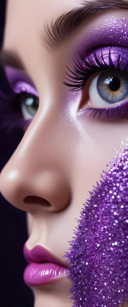 A Close Up Of A Woman S Eye With Long Eyelashes Wearing Purple Eyeshadow And Glitter 7 25ce