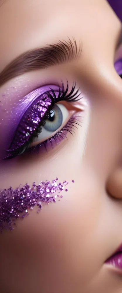 A Close Up Of A Woman S Eye With Long Eyelashes Wearing Purple Eyeshadow And Glitter 9 6e45