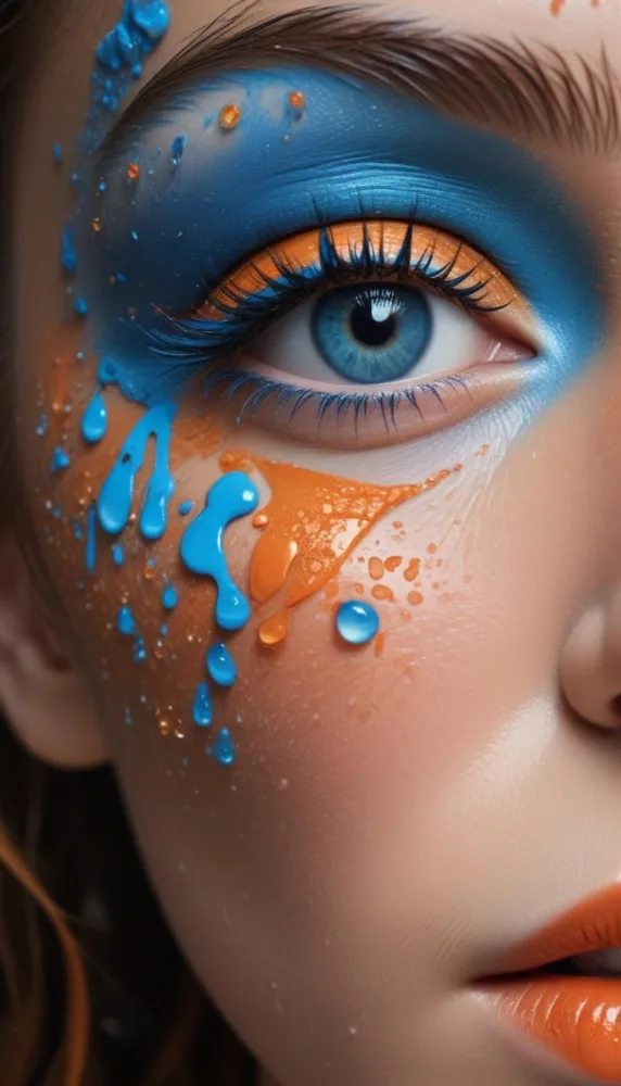 A Close Up Of A Woman S Eye With Vibrant Blue And Orange Makeup With Water Droplets On The Skin Around The Eye 1 7772