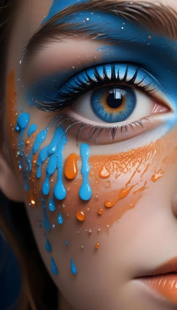 A Close Up Of A Woman S Eye With Vibrant Blue And Orange Makeup With Water Droplets On The Skin Around The Eye 10 C862
