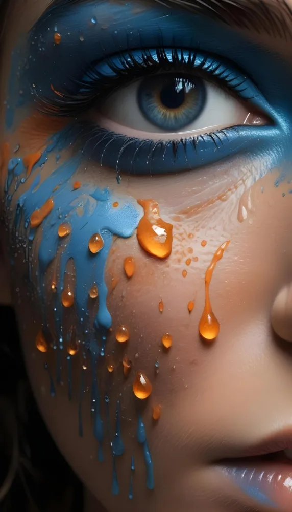 A Close Up Of A Woman S Eye With Vibrant Blue And Orange Makeup With Water Droplets On The Skin Around The Eye 12 Ef08