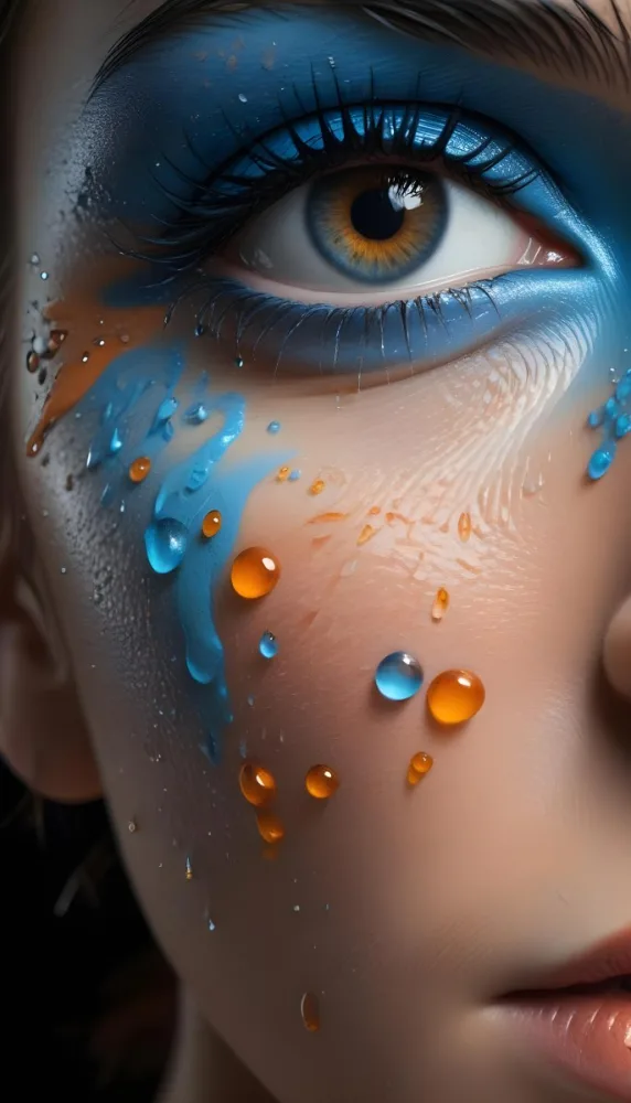 A Close Up Of A Woman S Eye With Vibrant Blue And Orange Makeup With Water Droplets On The Skin Around The Eye 13 7ea2