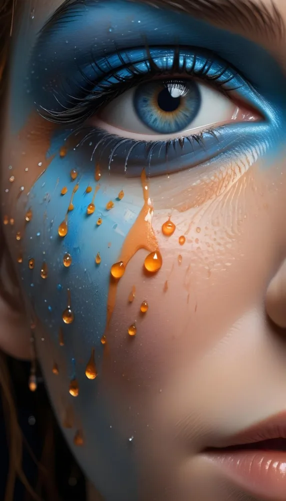 A Close Up Of A Woman S Eye With Vibrant Blue And Orange Makeup With Water Droplets On The Skin Around The Eye 15 35ef