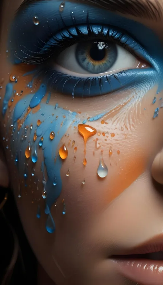A Close Up Of A Woman S Eye With Vibrant Blue And Orange Makeup With Water Droplets On The Skin Around The Eye 3 735d