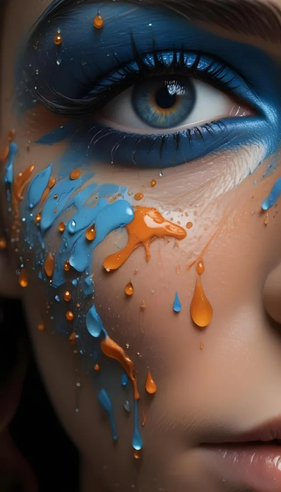 A Close Up Of A Woman S Eye With Vibrant Blue And Orange Makeup With Water Droplets On The Skin Around The Eye 4 939a