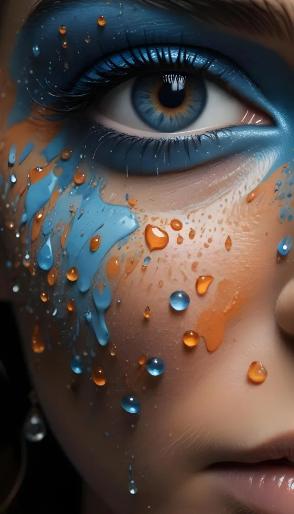 A Close Up Of A Woman S Eye With Vibrant Blue And Orange Makeup With Water Droplets On The Skin Around The Eye 7 4b37