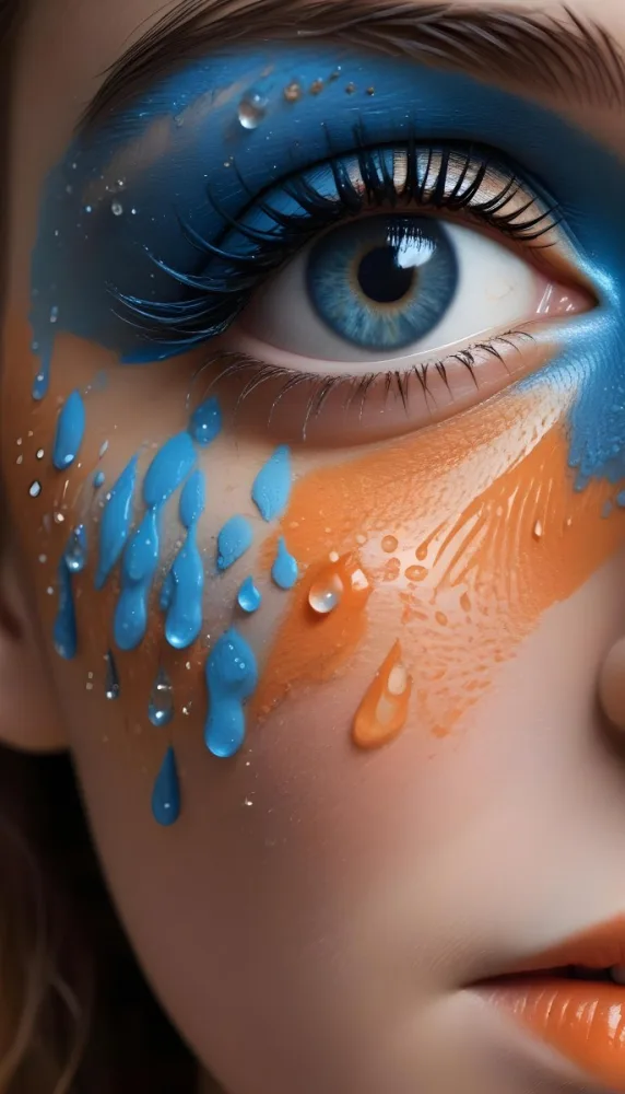 A Close Up Of A Woman S Eye With Vibrant Blue And Orange Makeup With Water Droplets On The Skin Around The Eye 8 D7b3