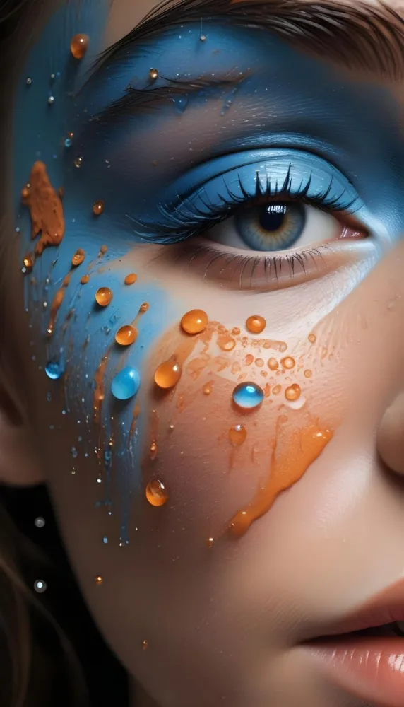 A Close Up Of A Woman S Eye With Vibrant Blue And Orange Makeup With Water Droplets On The Skin Around The Eye 9 0a68
