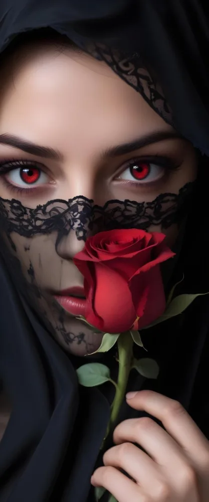A Close Up Of A Woman S Face Partially Obscured By A Black Veil With Only Her Intense Red Eyes And A Red Rose Visible 10 A22e