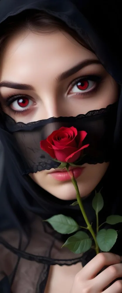 A Close Up Of A Woman S Face Partially Obscured By A Black Veil With Only Her Intense Red Eyes And A Red Rose Visible 15 8480