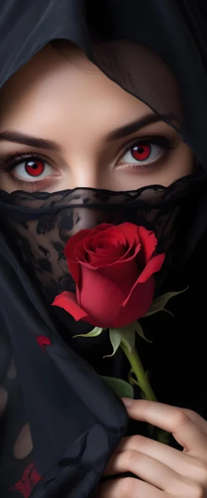 A Close Up Of A Woman S Face Partially Obscured By A Black Veil With Only Her Intense Red Eyes And A Red Rose Visible 9 B5a1