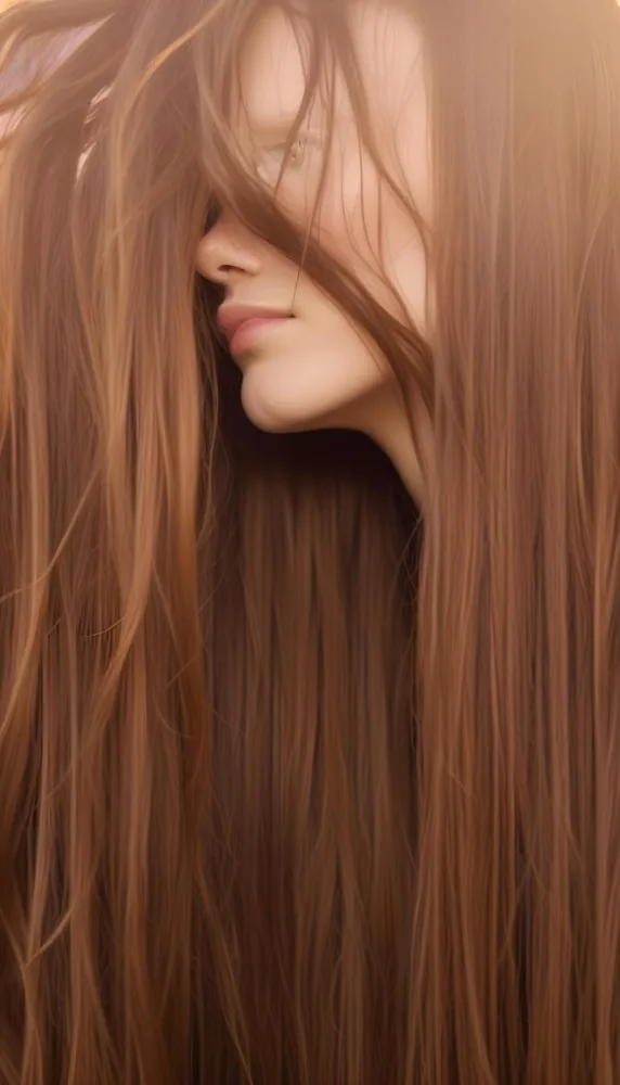 A Close Up Of A Woman S Face Partially Obscured By Long Wavy Brown Hair Set Against A Bright Sunset With Soft Lighting In The Background 1 024a