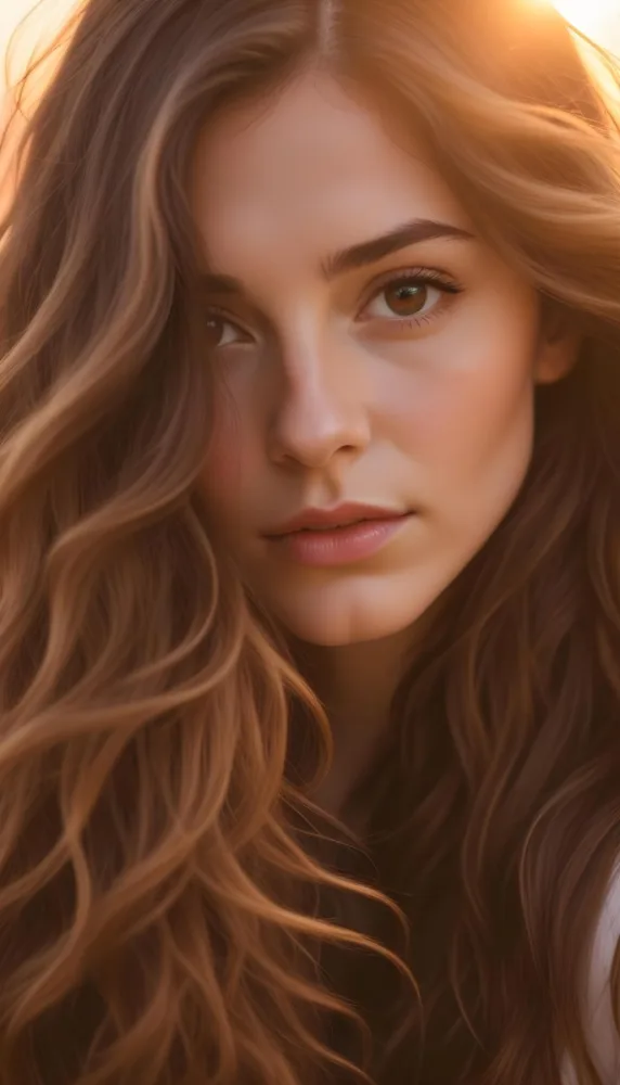 A Close Up Of A Woman S Face Partially Obscured By Long Wavy Brown Hair Set Against A Bright Sunset With Soft Lighting In The Background 6 4563