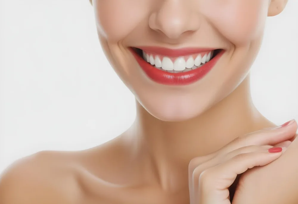A Close Up Of A Woman S Face With A Bright Wide Smile Showing Her Perfect White Teeth She Has Full Red Lips And Flawless Skin The Background Is Plain And White Putting The Focus Entirely On Her Beautiful Smi 3 1ad5
