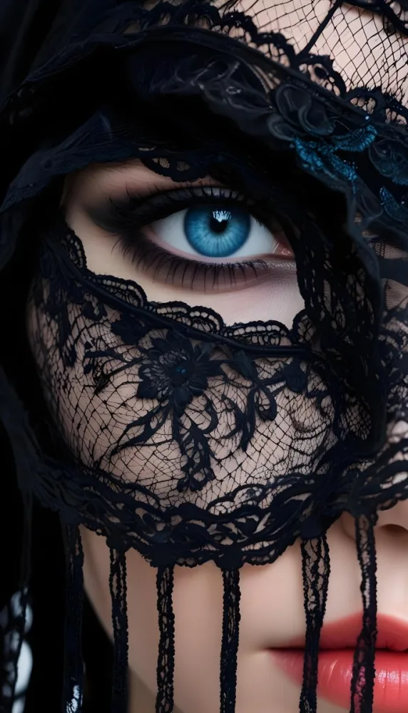 A Close Up Of A Woman S Face With Blue Eyes Wearing A Black Lace Veil Covering The Lower Half Of Her Face 14 A05e