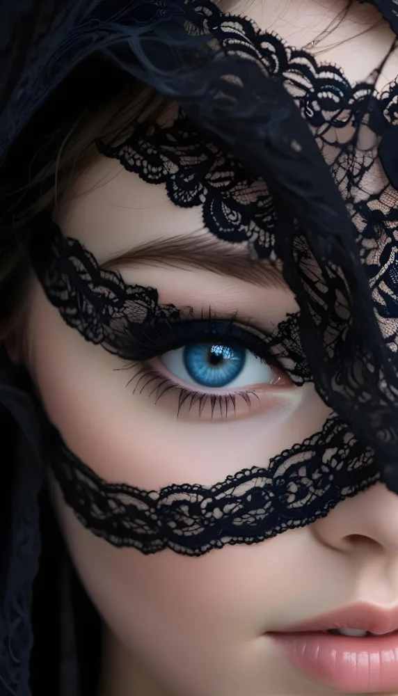 A Close Up Of A Woman S Face With Blue Eyes Wearing A Black Lace Veil Covering The Lower Half Of Her Face 4 Df4b