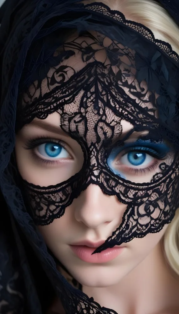 A Close Up Of A Woman S Face With Blue Eyes Wearing A Black Lace Veil Covering The Lower Half Of Her Face 7 F22a