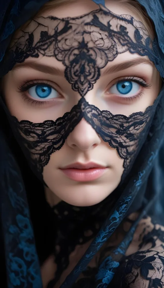 A Close Up Of A Woman S Face With Blue Eyes Wearing A Black Lace Veil Covering The Lower Half Of Her Face 8 980c