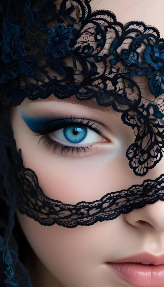 A Close Up Of A Woman S Face With Blue Eyes Wearing A Black Lace Veil Covering The Lower Half Of Her Face 9 8c23