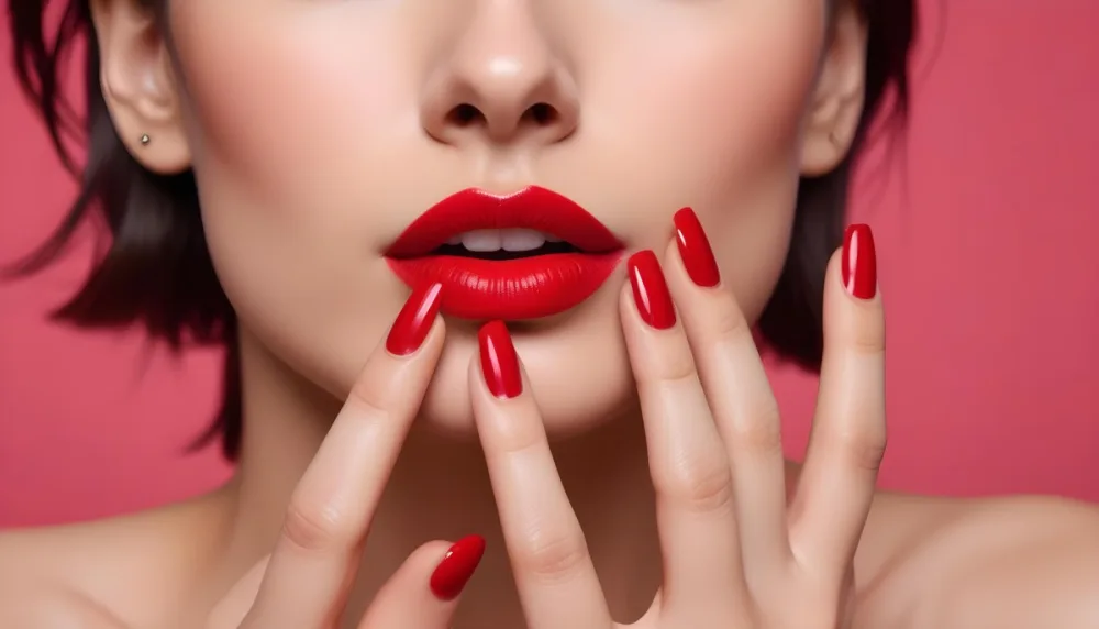 A Close Up Of A Woman S Face With Colorful Nail Polish On Her Fingers And Bright Red Lipstick On Her Lips 4 1723