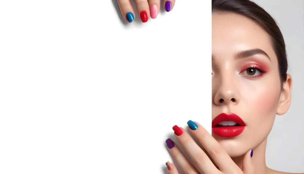 A Close Up Of A Woman S Face With Colorful Nail Polish On Her Fingers And Bright Red Lipstick On Her Lips 5 Fb5f