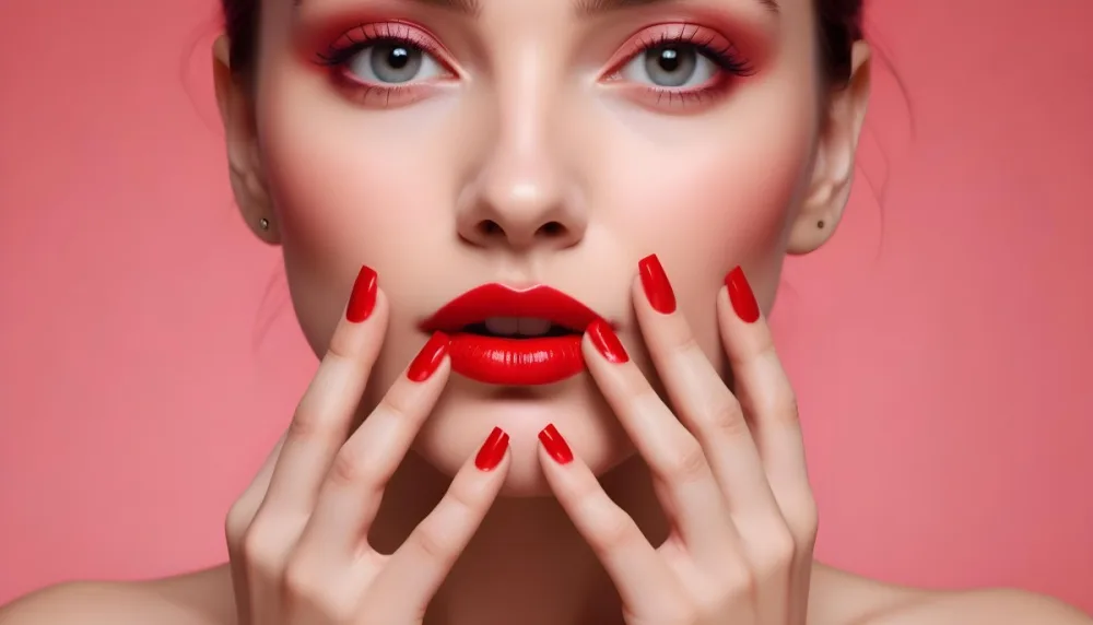 A Close Up Of A Woman S Face With Colorful Nail Polish On Her Fingers And Bright Red Lipstick On Her Lips 6 5c01