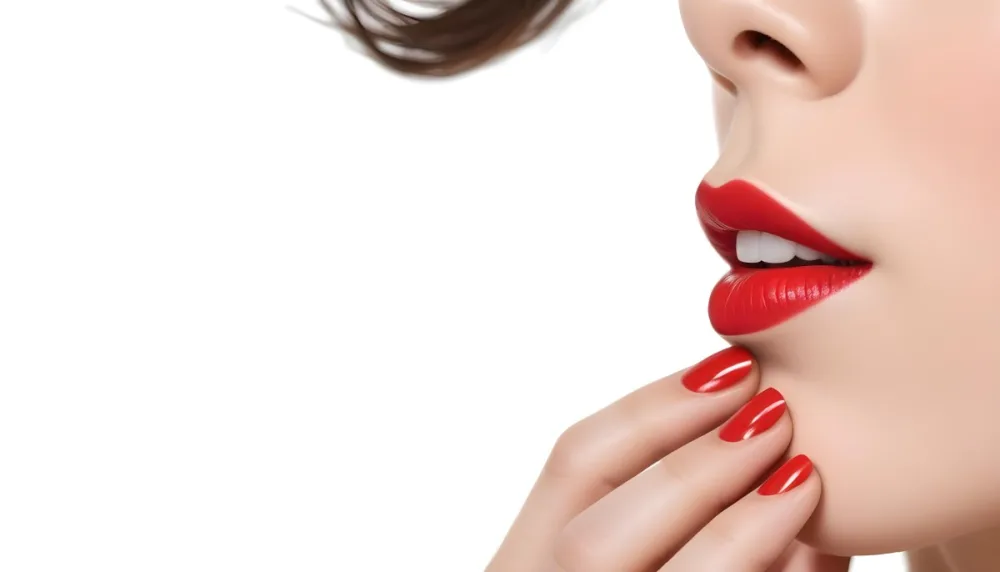 A Close Up Of A Woman S Face With Colorful Nail Polish On Her Fingers And Bright Red Lipstick On Her Lips 8 Cb23